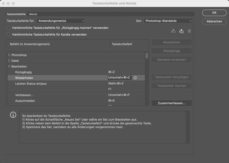 Screenshot zum ändern des Shortcuts in Photoshop