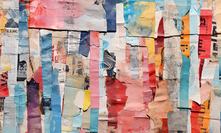 Collage mit verschiedenen Streifen aus Zeitungspapier und bunten Farben