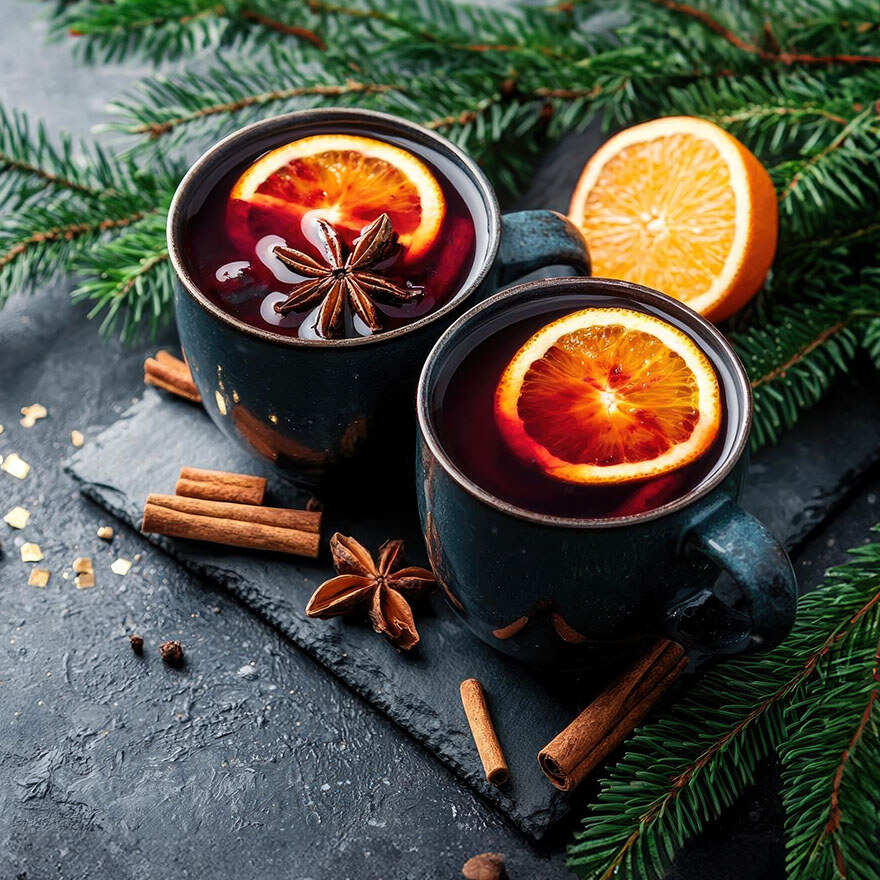 Zwei Tassen mit Glühwein und einer Orange