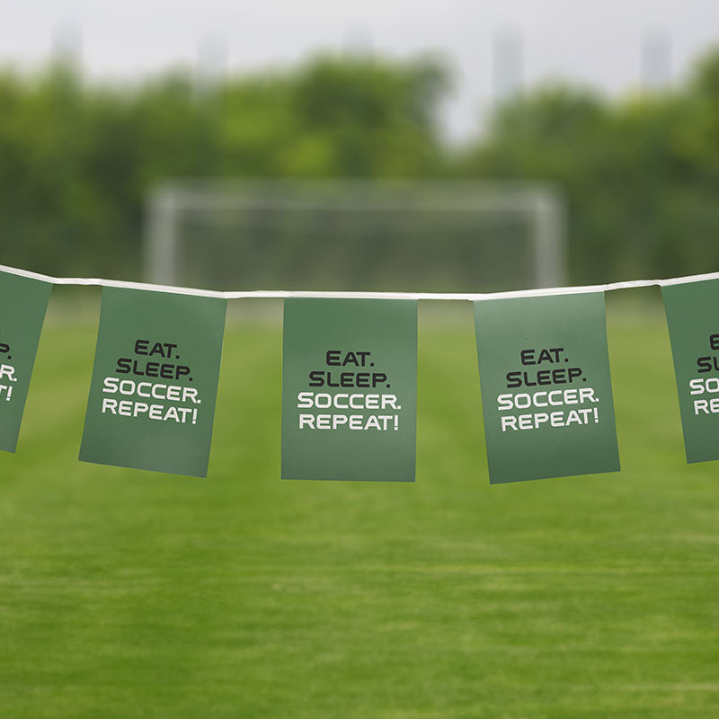 Eine Fahnenkette gespannt von links nach rechts.