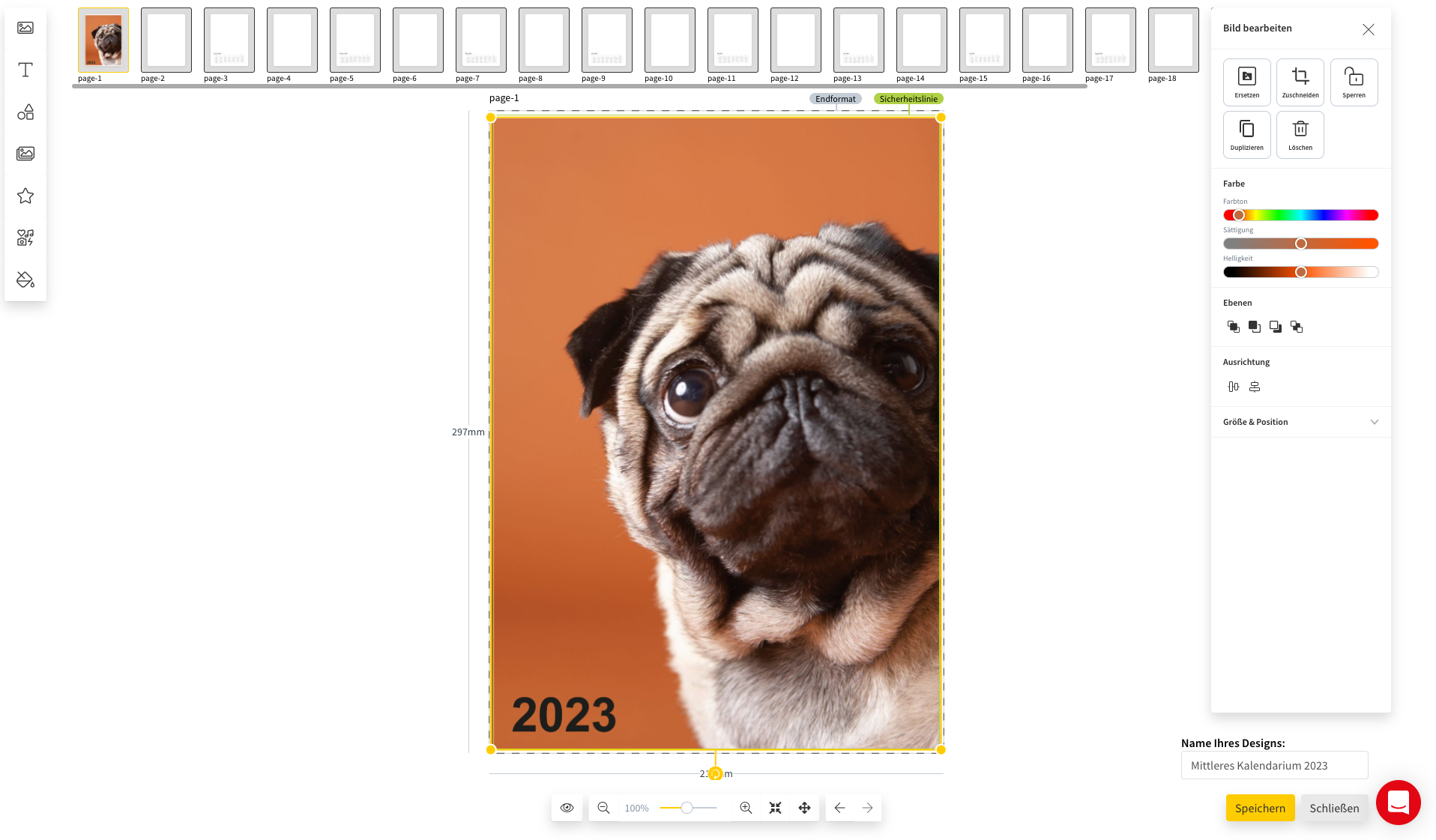 Der Design Assistent mit einem gestalteten Kalendertitelbild. Zu sehen ist auf dem Titelbild ein Mops, der in die Kamera schaut