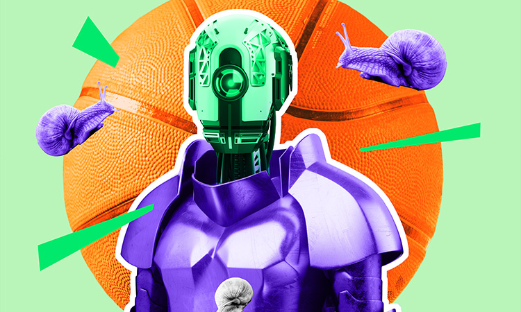 Ein Roboter mit grünen Kopf und lila Rüstung. Im Hintergrund ist ein Basketball und zwei lila Schnecken fliegen durch die Gegend.