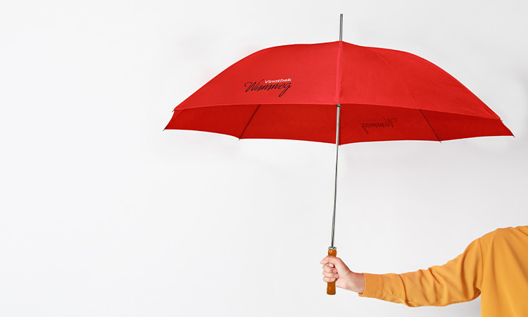 Bedruckter Regenschirm der von einer Hand gehalten wird.